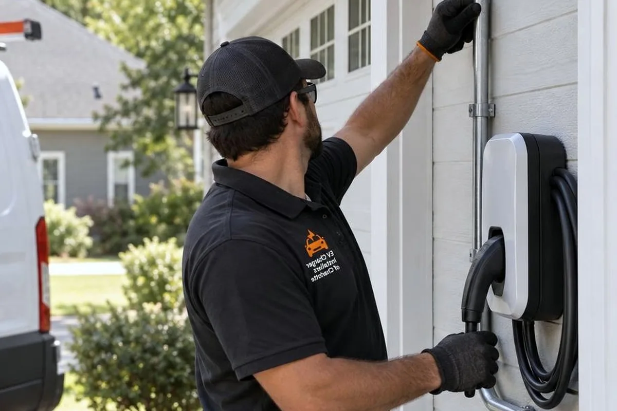 Electrician in gloves fitting a wall-mounted EV charger beside a white garage door