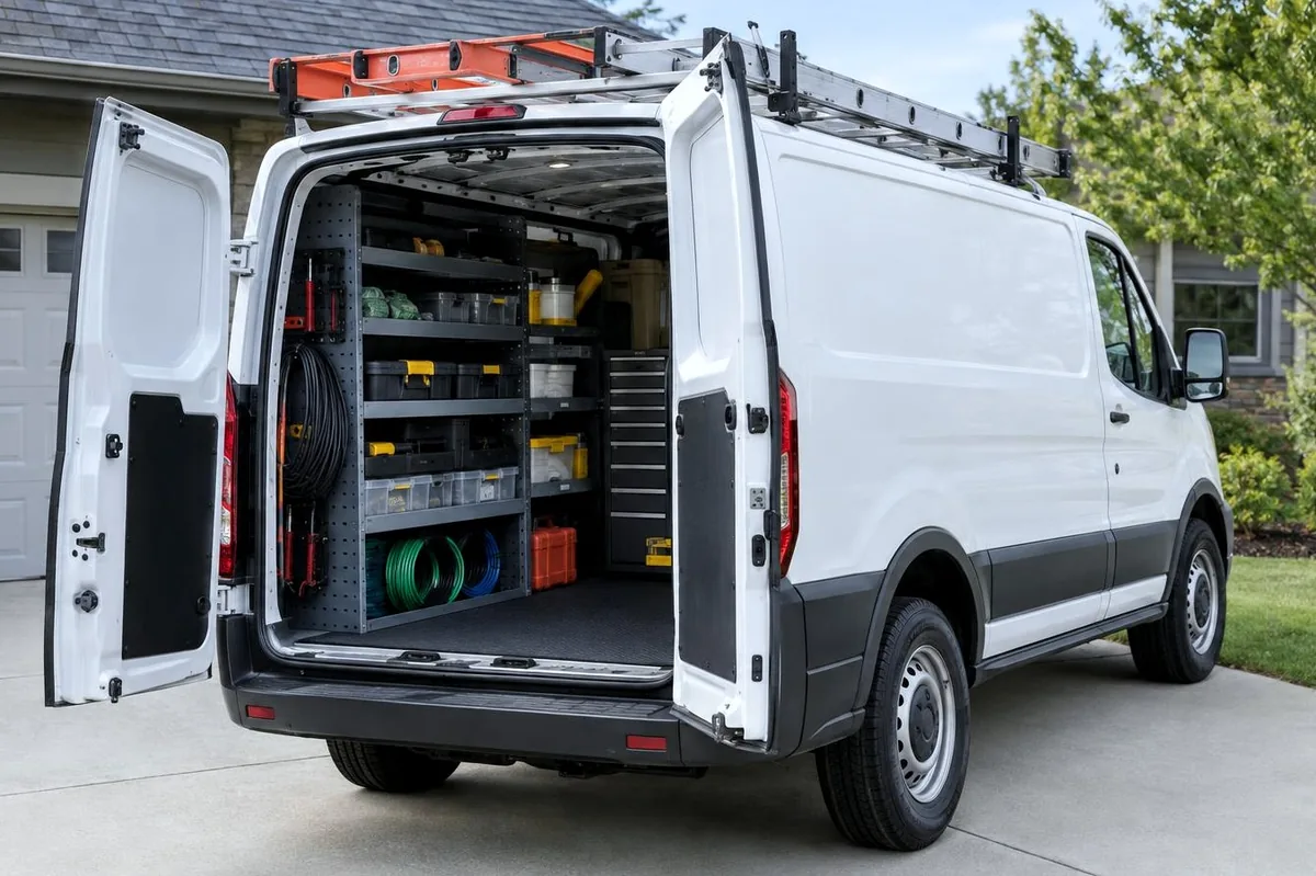 White work van with its rear doors open, showing shelves of tools and wire spools, parked in a driveway