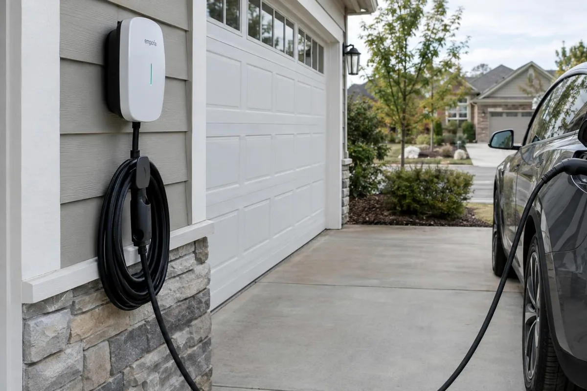 Wall-mounted EV charger beside a white garage door, its cable running out of frame