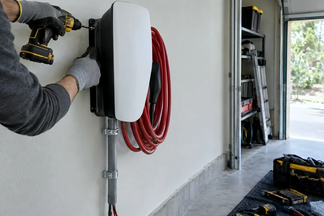 Gloved hand driving a screw into the mount of a white wall charger, with a red charging cable coiled beside it