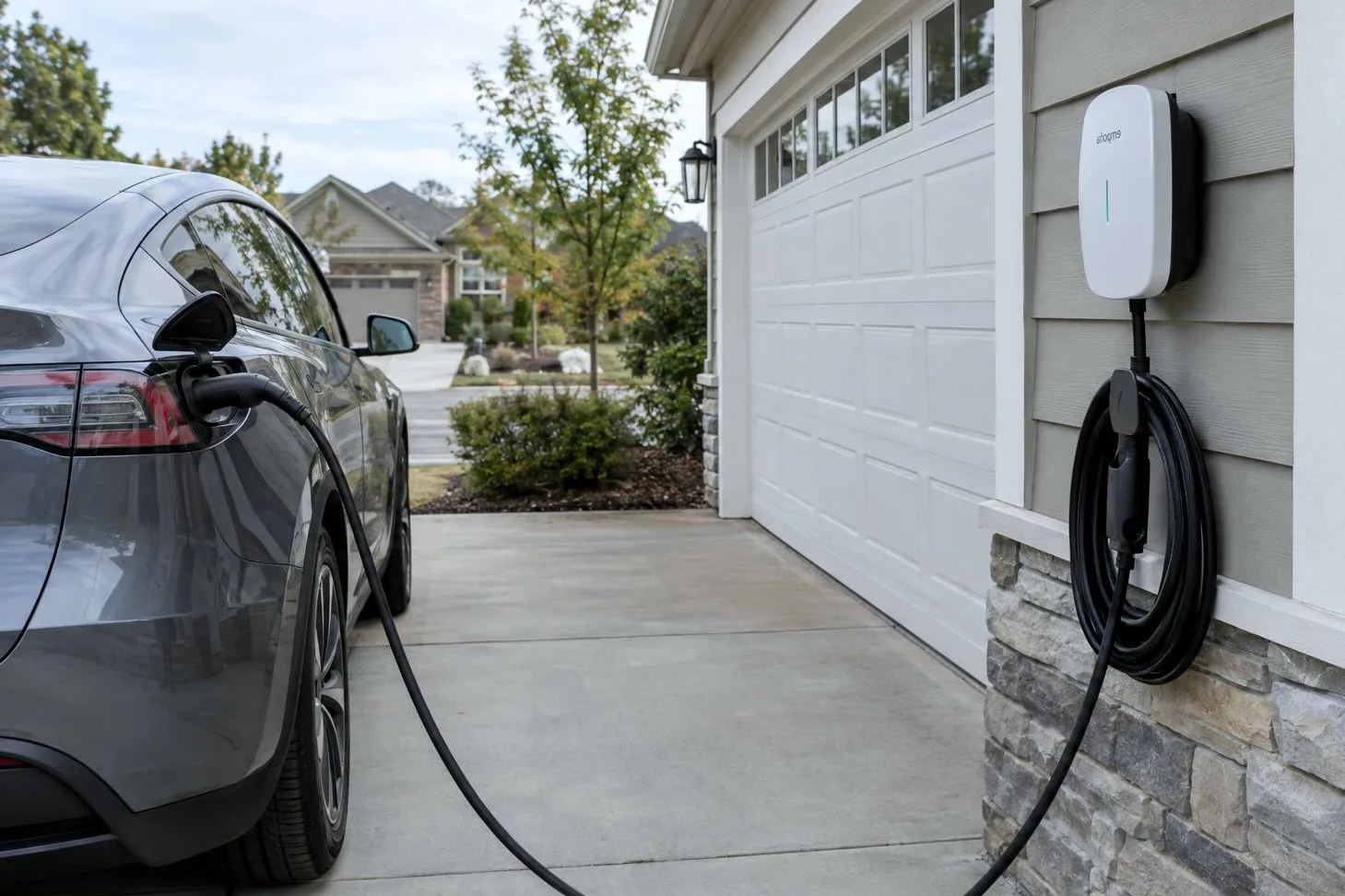 Gray electric SUV in a driveway, plugged into a charger on the garage wall